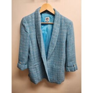 Anne Klein Women's‎ Blue Tweed Blazer Jacket Size S 3/4 Sleeve Statement Piece
